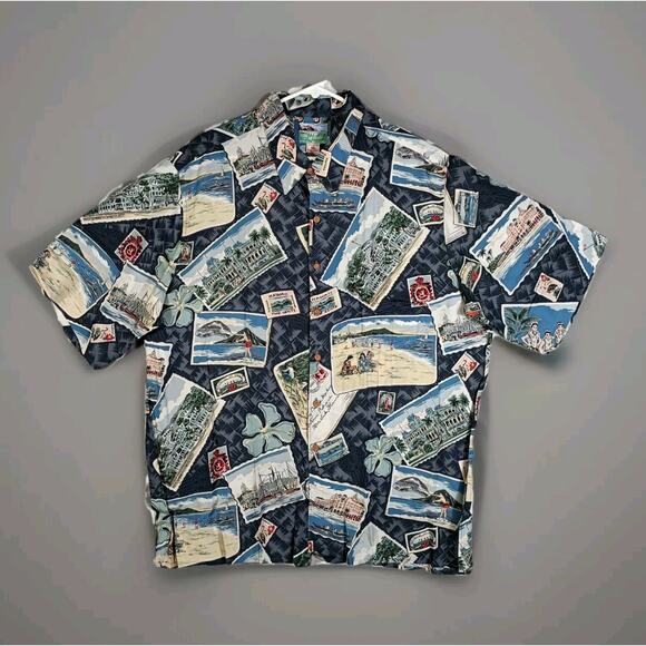 Reyn Spooner Postcard Aloha Shirt Men XL Vintage Travel Ephemera Print - Picture 1 of 8